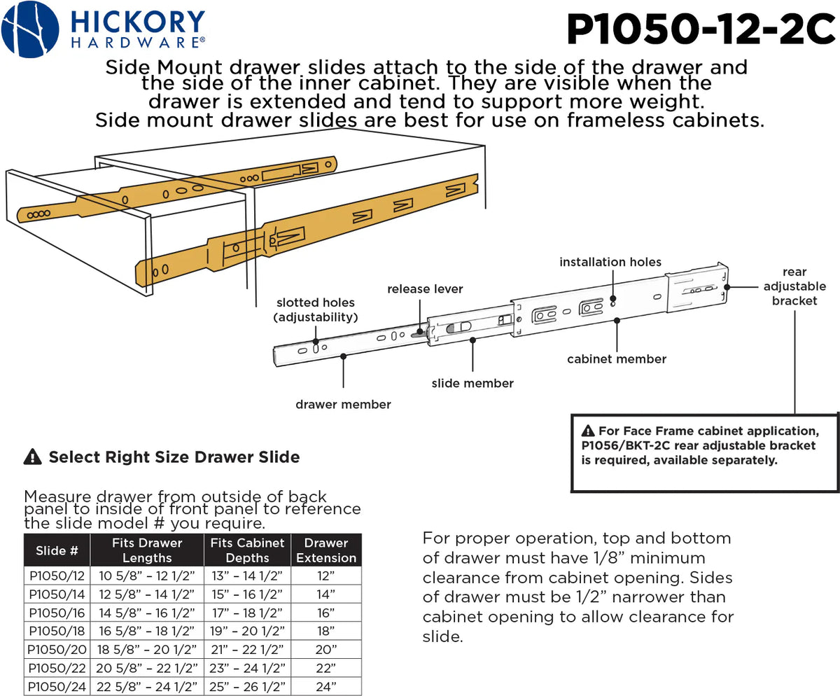 Drawer Slide Side Mount Full Extension 12'' Cadmium Finish P1050/12-2C