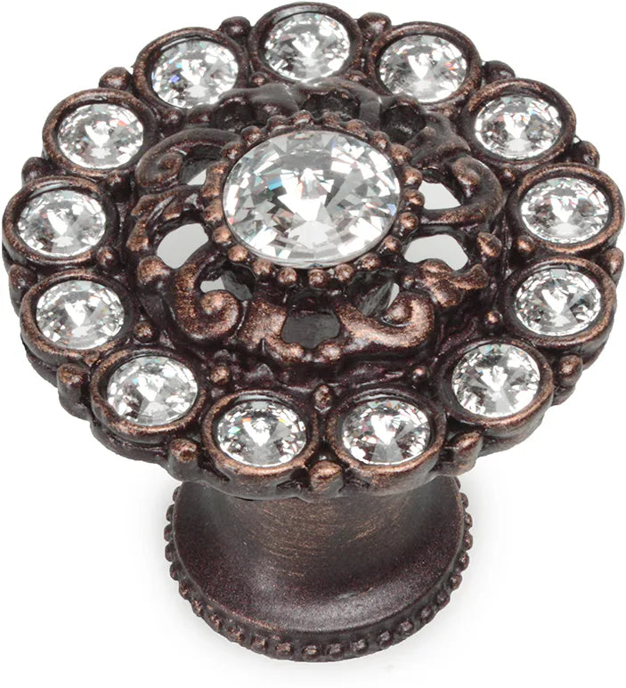 Caché large round knob with flared foot with Swarovski Clear Crystals in Antique Brass. 1203B-22C