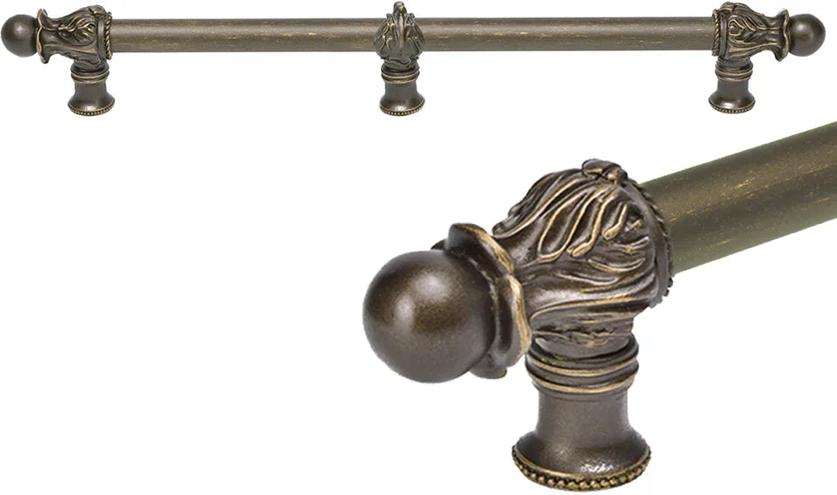 Acanthus 18'' cc with 5/8'' smooth center & center brace long pull Romanesque style in Antique Brass. 5558-3