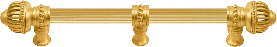 Cricket Cage 9'' cc with 5/8'' reeded center long pull & center brace large finial in Gilded Mercury. 5576R-8