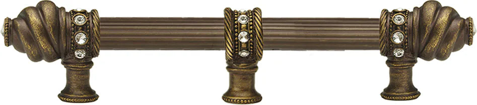 Caché 9'' cc with 5/8'' reeded center long pull & center brace with 16 rivoli Swarovski Clear Crystals in Antique Brass. 5676R-3C