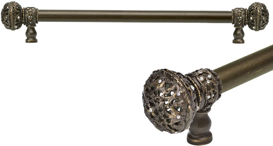 Juliane Grace 12'' cc with 5/8'' smooth center long pull large finial with Clear Swarovski crystals in Antique Brass. 5692-3C