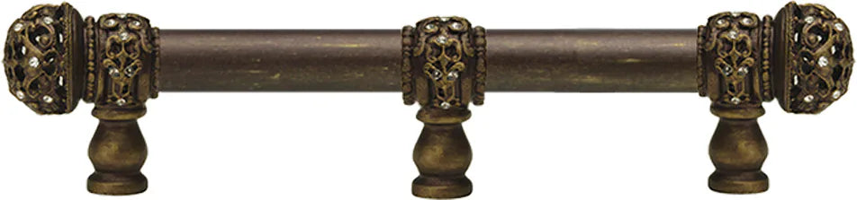 Juliane Grace 6'' cc with 5/8'' smooth center long pull & center brace small finial with clear Swarovski crystals in Antique Brass. 5705-3C