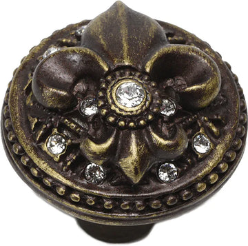 Versailles 7605-3C Antique Brass large round knob Fleur De Lys w/ Swarovski Crystals 7605-3C