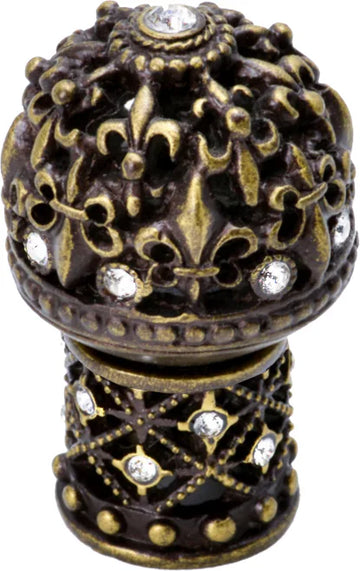Versailles 7616-3C Antique Brass medium round knob Fleur De Lys open basket decorative column foot w/ Swarovski Crystals 7616-3C