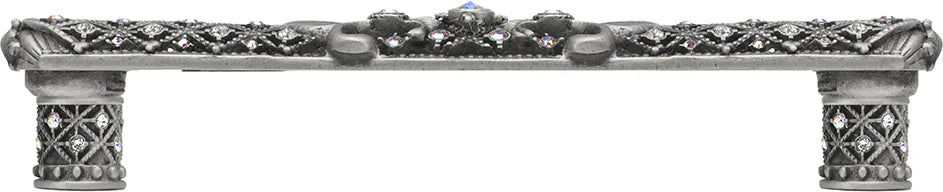Versailles 7640-11CAB Satin 6'' cc large pull Fleur De Lys w/ Swarovski Crystals and decorative column feet 7640-11CAB