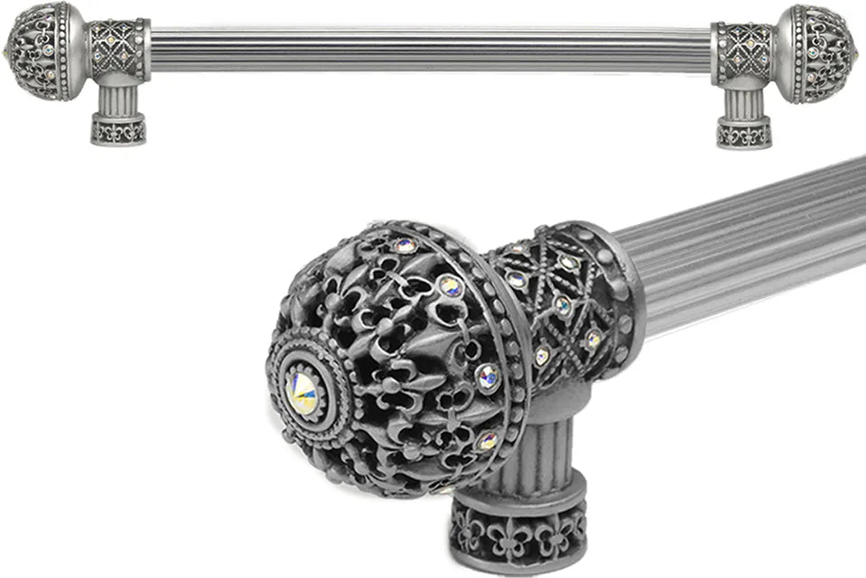 Versailles 7648R-11AB Satin Fleur De Lys 12'' cc long pull large finial w/ Swarovski Crystals w/ 5/8'' reeded center 7648R-11AB