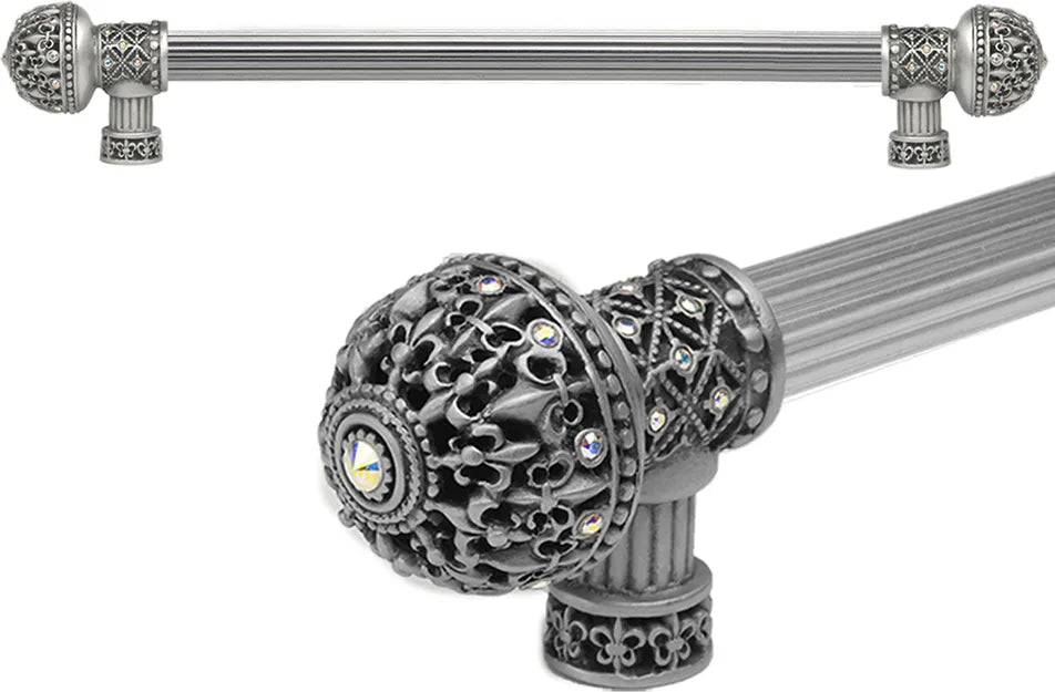 Versailles 7649R-11AB Satin Fleur De Lys 18'' cc long pull large finial w/ Swarovski Crystals w/ 5/8'' reeded center 7649R-11AB