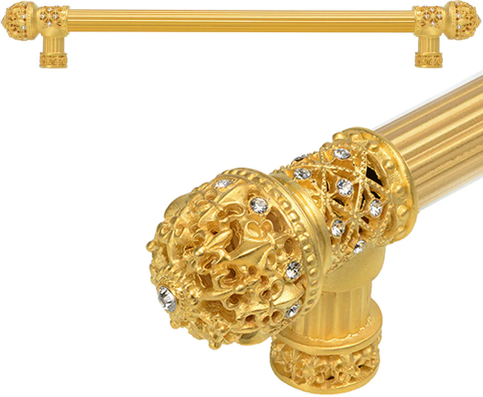Versailles 7657R-8C Gilded Mercury Fleur De Lys 22'' cc long pull small finial w/ Swarovski Crystals w/ 5/8'' reeded center 7657R-8C