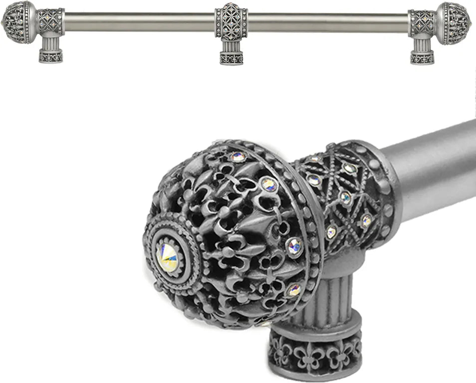 Versailles 7664-11AB Satin Fleur De Lys 22'' cc long pull large finial w/ Swarovski Crystals w/ 5/8'' smooth center w/ center brace 7664-11AB