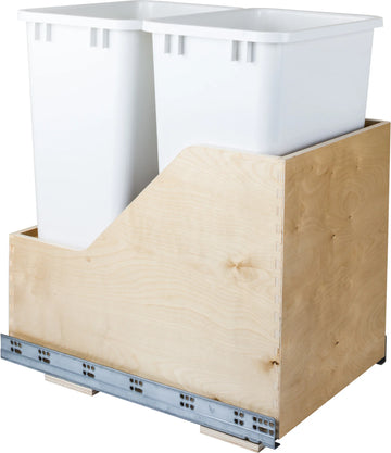 Double 50 Quart Wood Bottom-Mount Soft-close Trashcan Rollout for Hinged Doors, Includes Two White Cans CAN-WBMD50WH