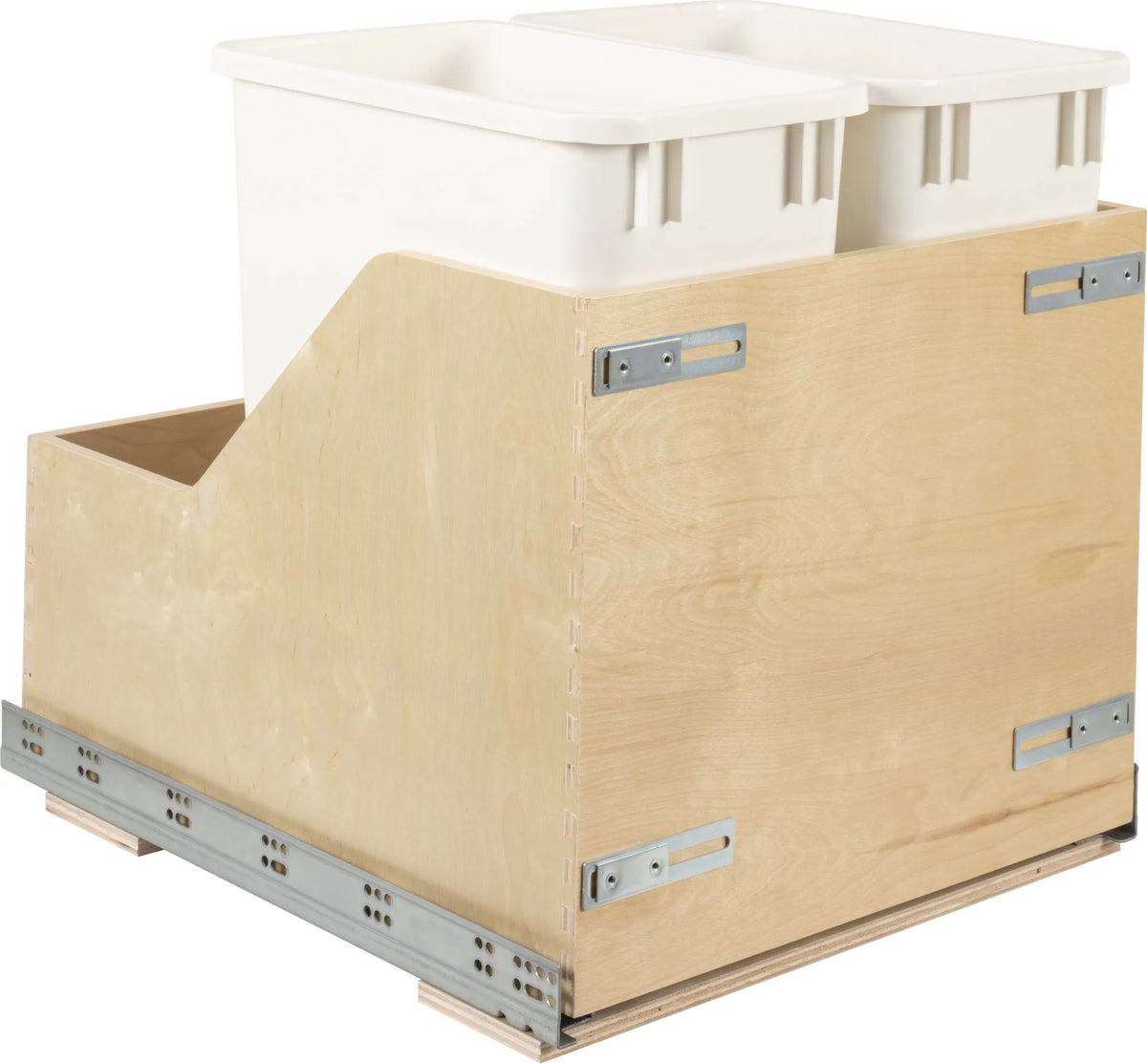 Double 35 Quart Wood Bottom-Mount Soft-close Trashcan Rollout for Door Mounting, Includes Two White Cans and Door Joining Bracket CDM-WBMD3521WH