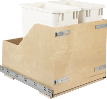 Double 35 Quart Wood Bottom-Mount Soft-close Trashcan Rollout for Door Mounting, Includes Two White Cans and Door Joining Bracket CDM-WBMD3521WH