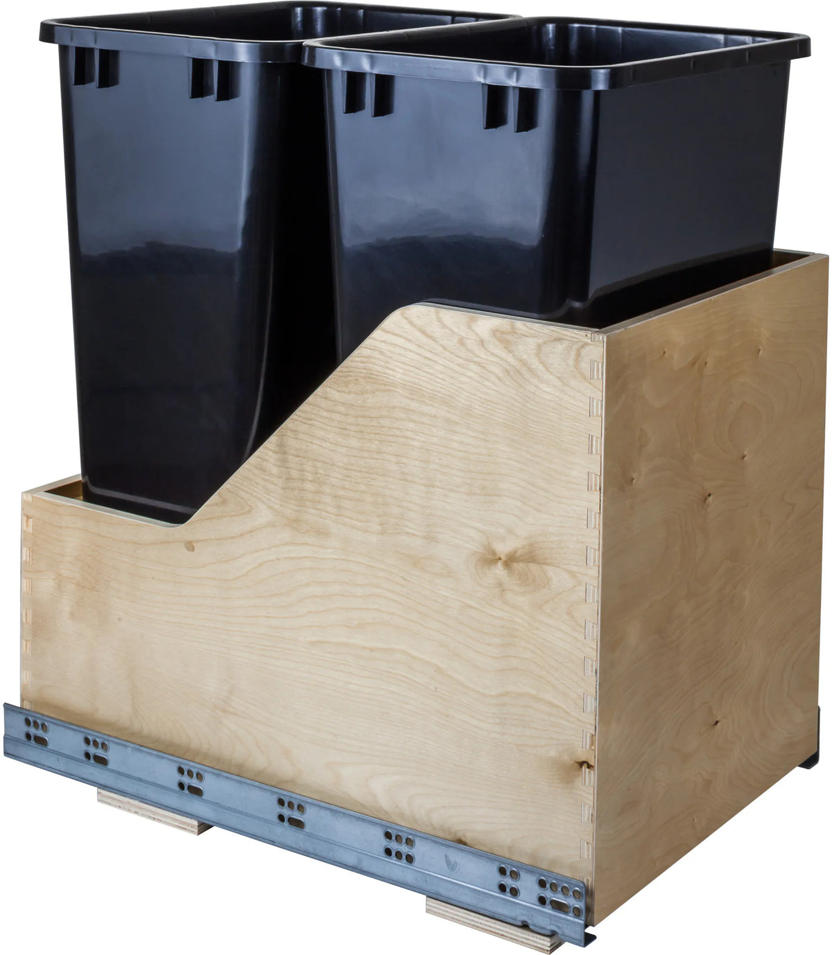 Double 50 Quart Wood Bottom-Mount Soft-close Trashcan Rollout for Hinged Doors, Includes Two Cans CAN-WBMD50