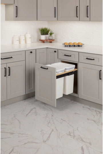 Waste Solution-Wood Top Mount Double White 35 Quart Top-Mount Trashcan Pullout for 15'' Opening CAN-TMD1535W-K