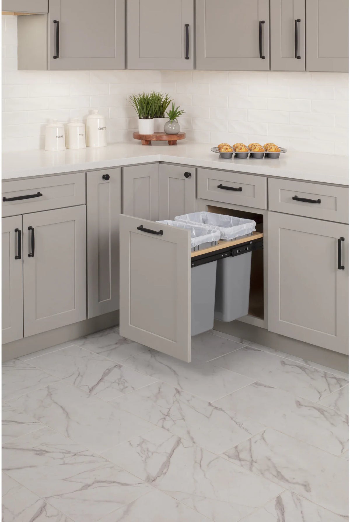 Waste Solution-Wood Top Mount Double Grey 35 Quart Top-Mount Trashcan Pullout for 15'' Opening CAN-TMD1535G-K