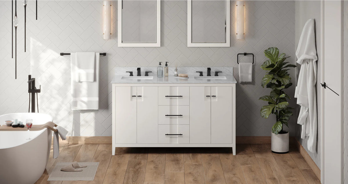 Katara 60'' White Vanity, double bowl, White Carrara Marble Vanity Top, two undermount rectangle bowls VKITKAT60WHWCR