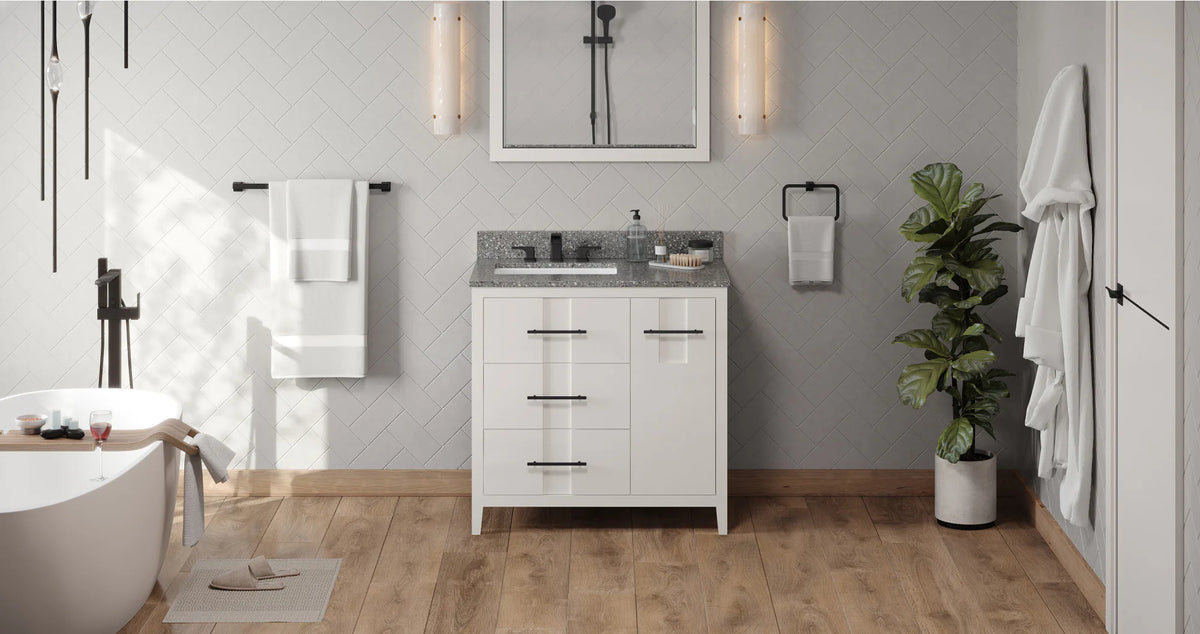 Katara 36'' White Vanity, left offset, Boulder Vanity Cultured Marble Vanity Top, undermount rectangle bowl VKITKAT36WHBOR