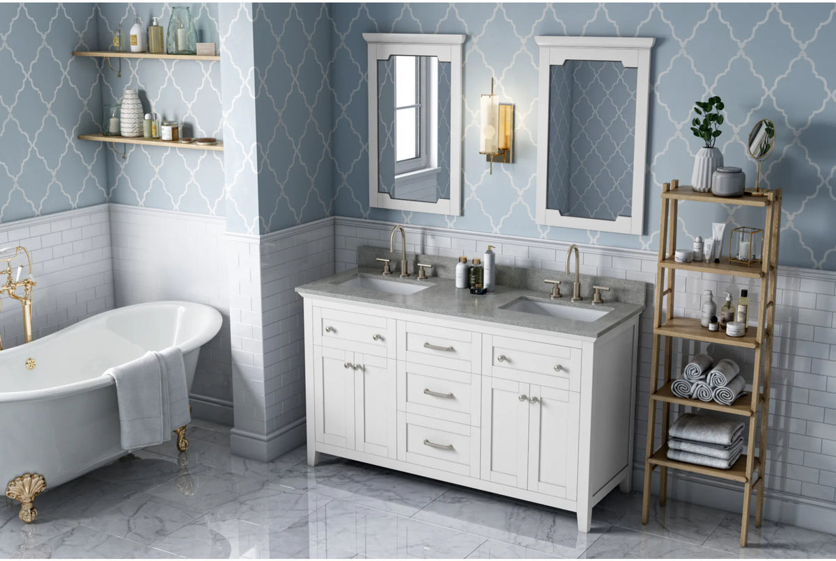 Chatham 60'' White Vanity, double bowl, Steel Grey Cultured Marble Vanity Top, two undermount rectangle bowls VKITCHA60WHSGR
