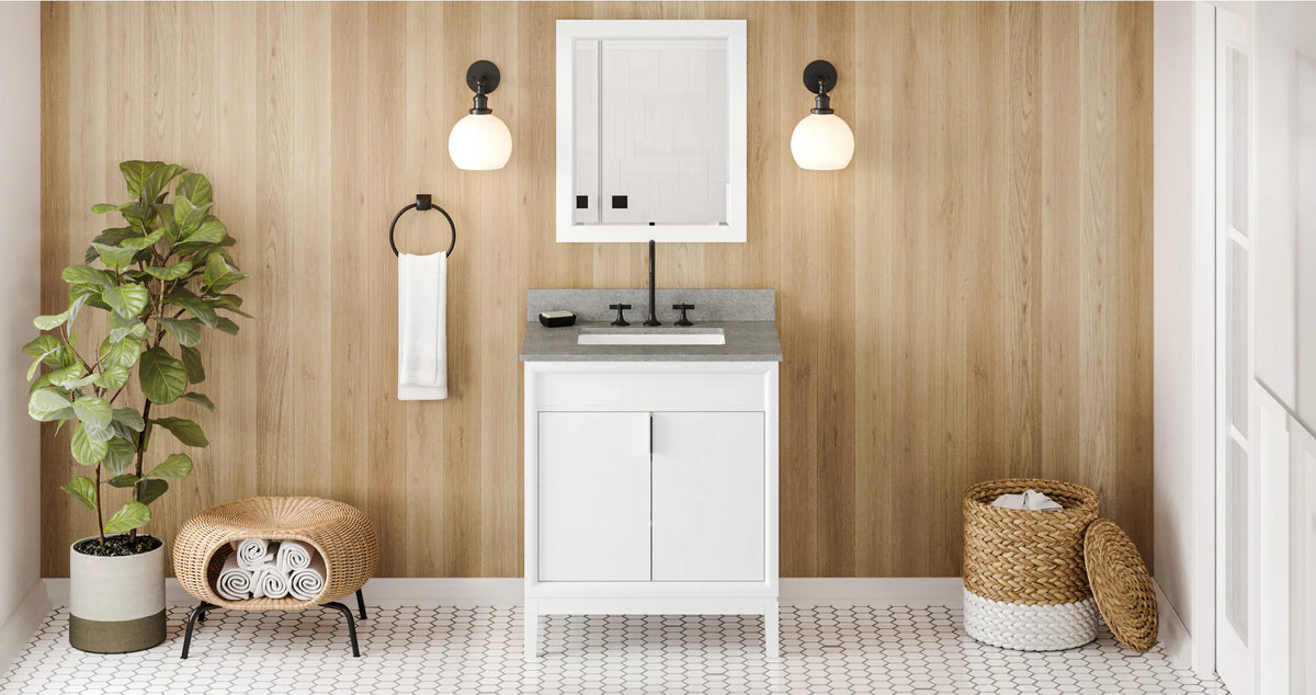 Theodora 30'' White Vanity, Steel Grey Cultured Marble Vanity Top, undermount rectangle bowl VKITTHE30WHSGR