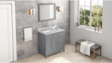 Cade 36'' Grey Vanity, left offset, White Carrara Marble Vanity Top, undermount rectangle bowl VKITCAD36GRWCR