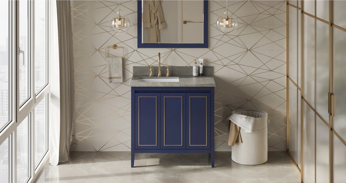 Percival 36'' Hale Blue Vanity, left offset, Steel Grey Cultured Marble Vanity Top, undermount rectangle bowl VKITPER36BLSGR