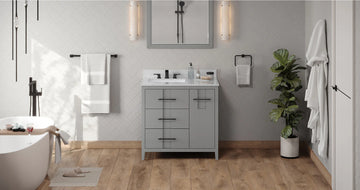 Katara 36'' Grey Vanity, left offset, White Carrara Marble Vanity Top, undermount rectangle bowl VKITKAT36GRWCR