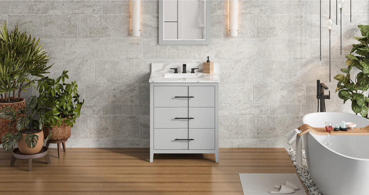 Katara 30'' Grey Vanity, Calacatta Vienna Quartz Vanity Top, undermount rectangle bowl VKITKAT30GRCQR