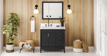 Theodora 36'' Black Vanity, left offset, Calacatta Vienna Quartz Vanity Top, undermount rectangle bowl VKITTHE36BKCQR