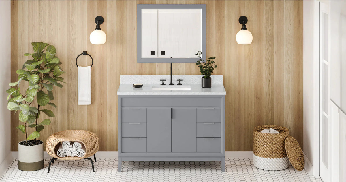 Theodora 48'' Grey Vanity, White Carrara Marble Vanity Top, undermount rectangle bowl VKITTHE48GRWCR