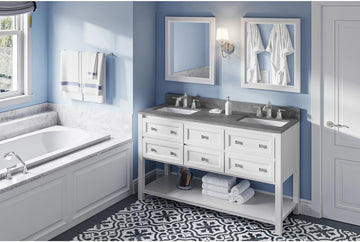 Adler 60'' White Vanity, double bowl, Steel Grey Cultured Marble Vanity Top, two undermount rectangle bowls VKITADL60WHSGR