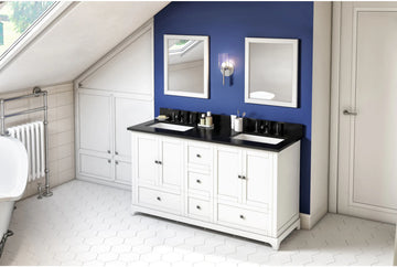Addington 60'' White Vanity, double bowl, Black Granite Vanity Top, two undermount rectangle bowls VKITADD60WHBGR