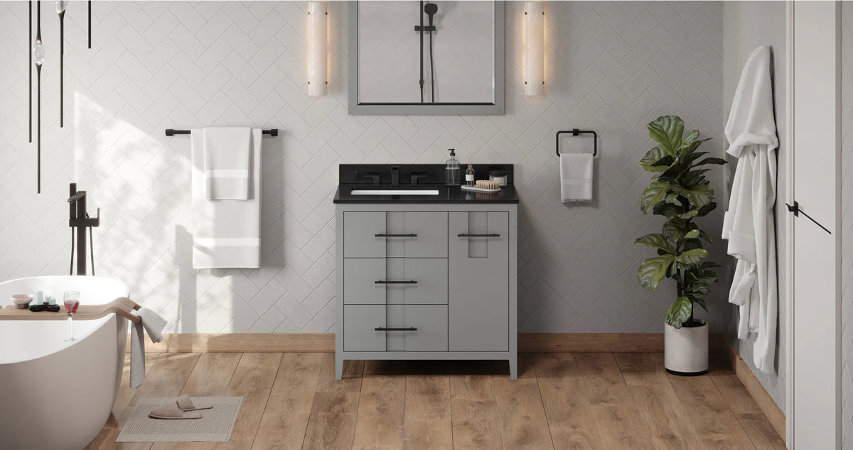Katara 36'' Grey Vanity, left offset, Black Granite Vanity Top, undermount rectangle bowl VKITKAT36GRBGR