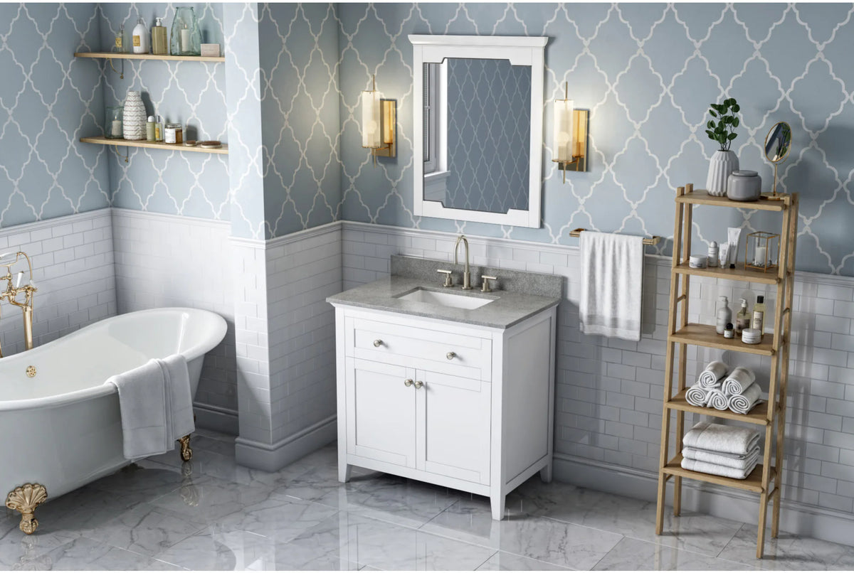 Chatham 36'' White Vanity, Steel Grey Cultured Marble Vanity Top, undermount rectangle bowl VKITCHA36WHSGR