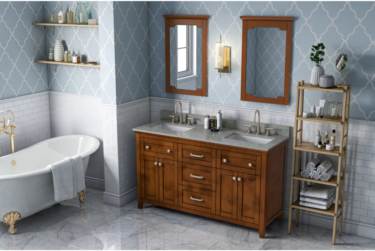Chatham 60'' Chocolate Vanity, double bowl, Steel Grey Cultured Marble Vanity Top, two undermount rectangle bowls VKITCHA60CHSGR
