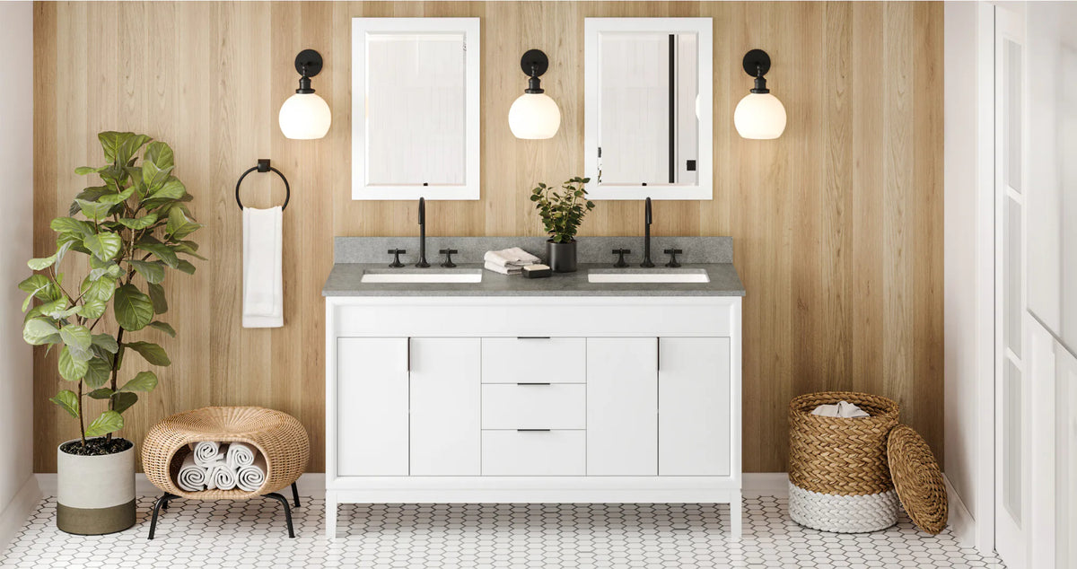 Theodora 60'' White Vanity, double bowl, Steel Grey Cultured Marble Vanity Top, two undermount rectangle bowls VKITTHE60WHSGR