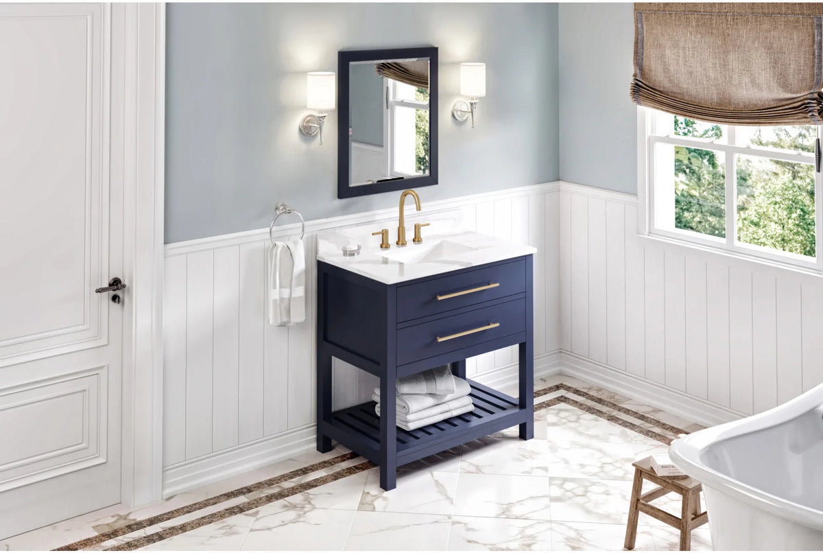Wavecrest 36'' Hale Blue Vanity, Calacatta Vienna Quartz Vanity Top, undermount rectangle bowl VKITWAV36BLCQR