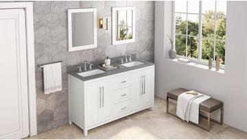 Cade 60'' White Vanity, double bowl, Boulder Cultured Marble Vanity Top, undermount rectangle bowl VKITCAD60WHBOR