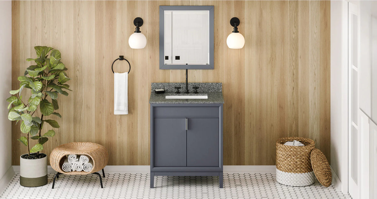 Theodora 30'' Blue Steel Vanity, Boulder Cultured Marble Vanity Top, undermount rectangle bowl VKITTHE30BSBOR