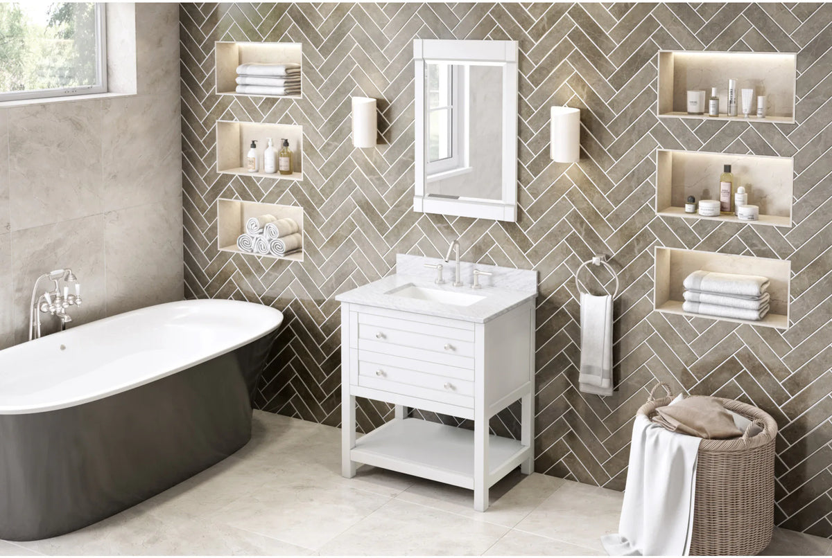 Astoria 30'' White Vanity, White Carrara Marble Vanity Top, undermount rectangle bowl VKITAST30WHWCR