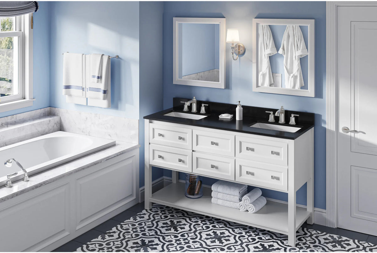 Adler 60'' White Vanity, double bowl, Black Granite Vanity Top, two undermount rectangle bowls VKITADL60WHBGR