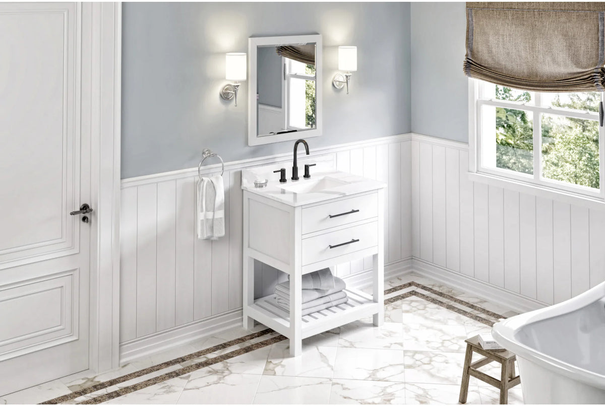 Wavecrest 30'' White Vanity, Calacatta Vienna Quartz Vanity Top, undermount rectangle bowl VKITWAV30WHCQR