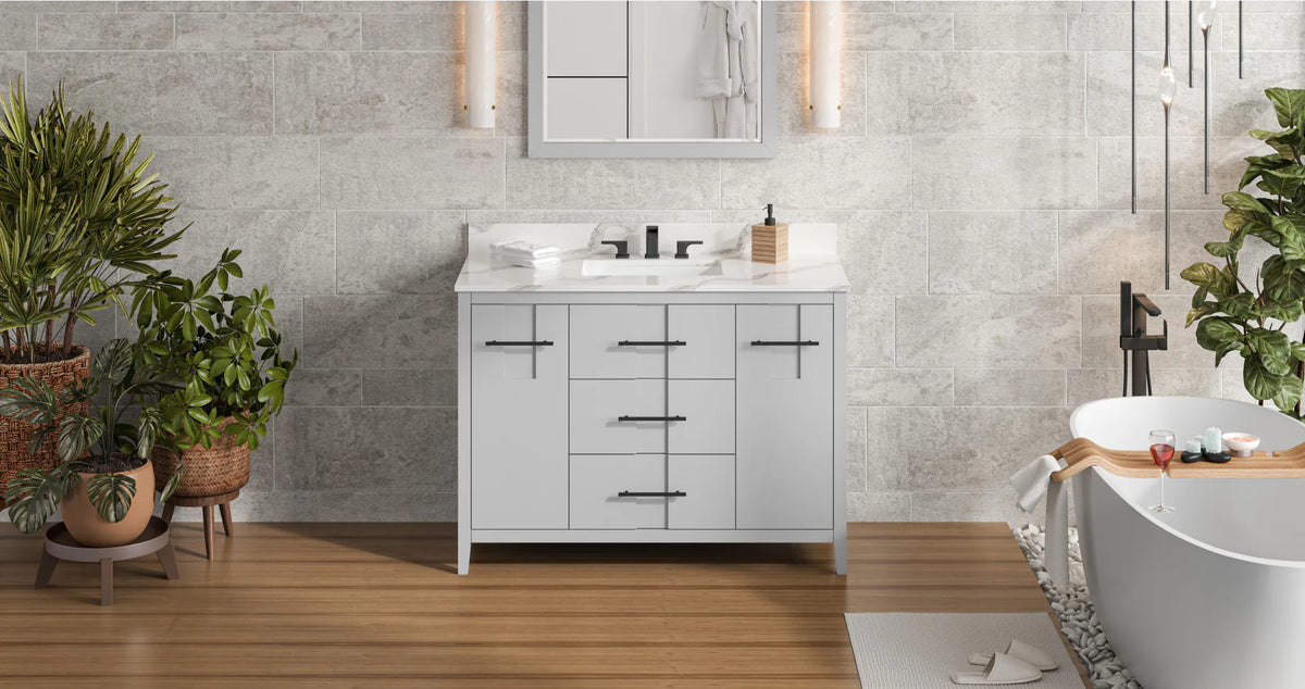 Katara 48'' Grey Vanity, Calacatta Vienna Quartz Vanity Top, undermount rectangle bowl VKITKAT48GRCQR