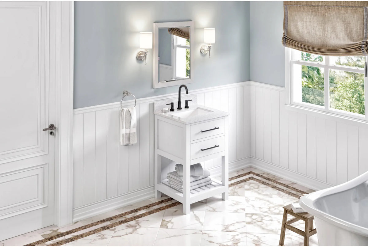Wavecrest 24'' White Vanity, White Carrara Marble Vanity Top, undermount rectangle bowl VKITWAV24WHWCR