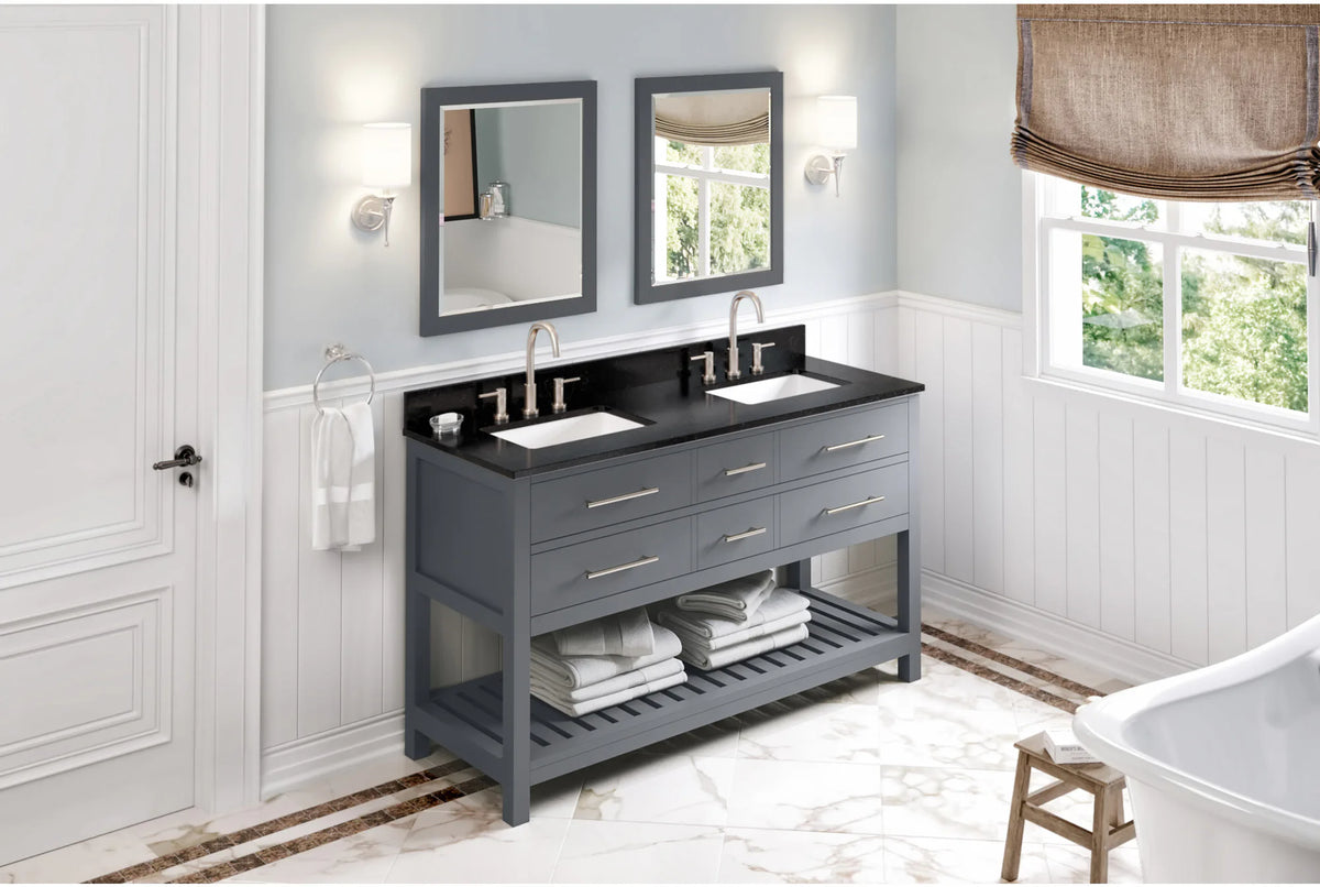 Wavecrest 60'' Grey Vanity, double bowl, Black Granite Vanity Top, two undermount rectangle bowls VKITWAV60GRBGR