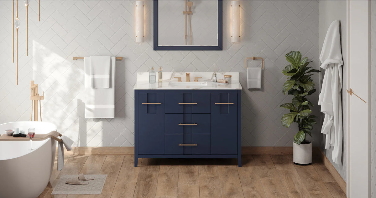Katara 48'' Hale Blue Vanity, Calacatta Vienna Quartz Vanity Top, undermount rectangle bowl VKITKAT48BLCQR