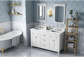 Chatham 60'' White Vanity, double bowl, Calacatta Vienna Quartz Vanity Top, two undermount rectangle bowls VKITCHA60WHCQR