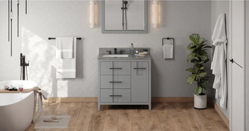 Katara 36'' Grey Vanity, left offset, Boulder Vanity Cultured Marble Vanity Top, undermount rectangle bowl VKITKAT36GRBOR