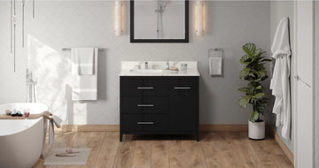 Katara 42'' Black Vanity, left offset, Calacatta Vienna Quartz Vanity Top, undermount rectangle bowl VKITKAT42BKCQR