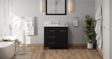 Katara 36'' Black Vanity, left offset, White Carrara Marble Vanity Top, undermount rectangle bowl VKITKAT36BKWCR